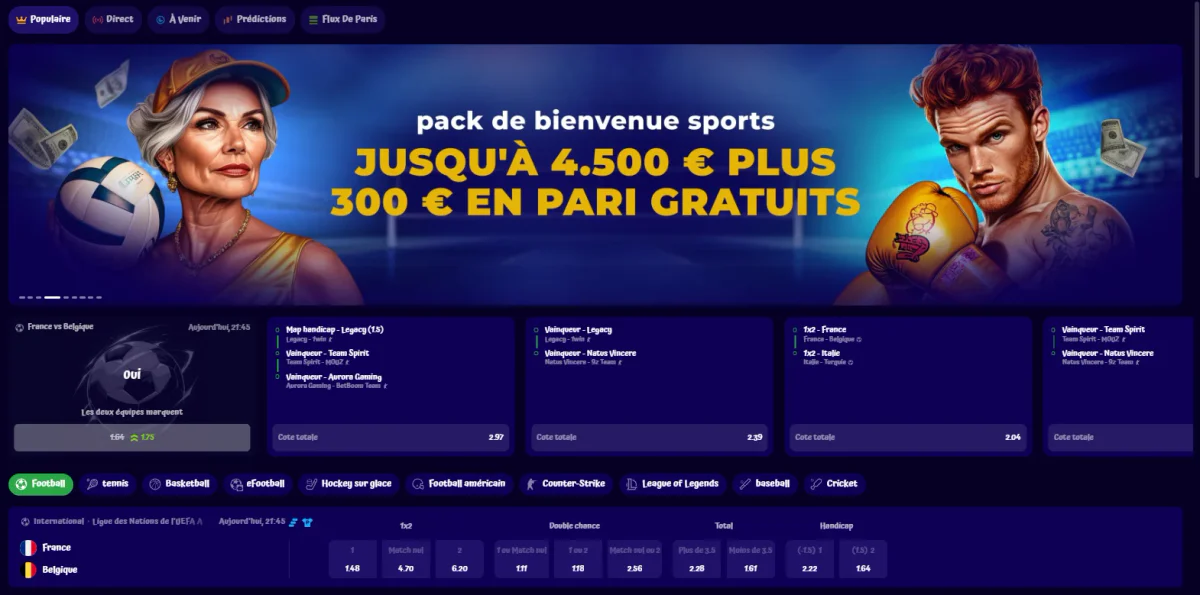 Bonus sportif de bienvenue Spingrannyy avec jusqu’à 4 500 € et 300 € de paris gratuits